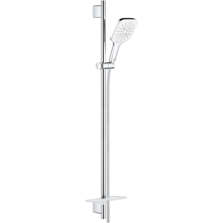 Coloana de dus Grohe Rainshower SmartActive 130 Cube 26586LS0, aparenta, 1/2'', universala, 900 mm, 3 pulverizari, etajera, crom/alb
