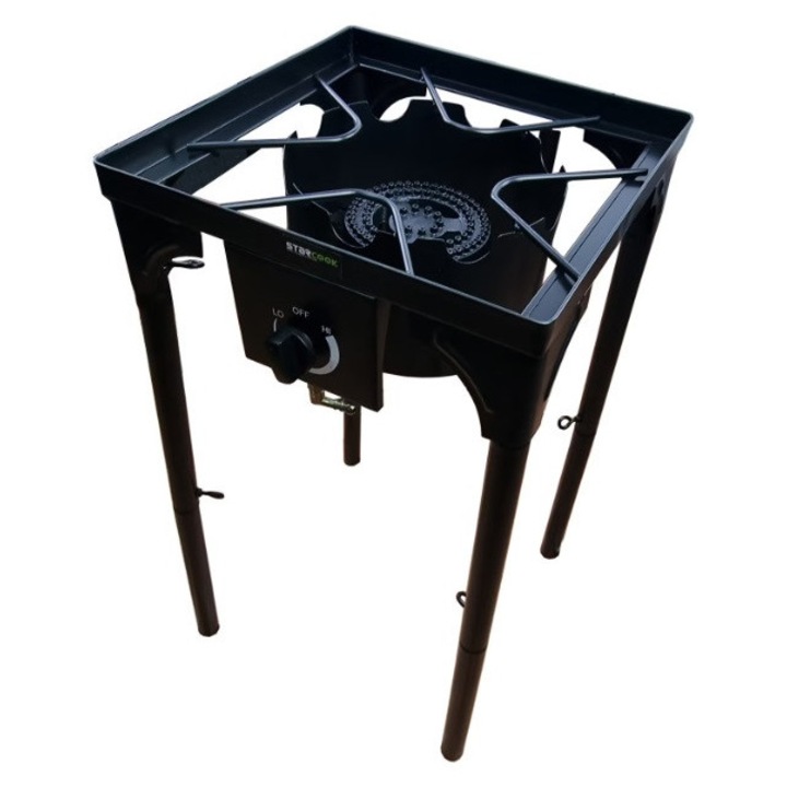 Pirostrie cu patru picioare, reglabila pe inaltime, arzator de mare putere din fonta, picioare detasabile, zona mare de gatit