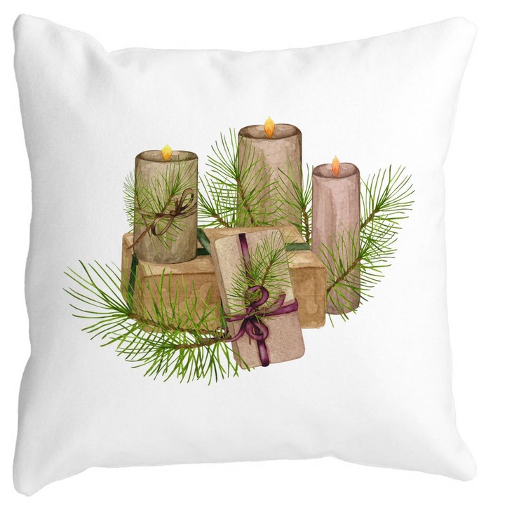 Dekoratív párna karácsonyi témájú, Gyertyák, 7, 40x40 cm, Fehér, Matt, Levehető huzat, Fújtató