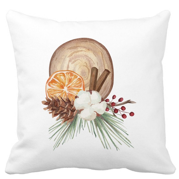 Perna Decorativa cu tematica de Craciun, 14, 40x40 cm, Alba, Mata, Husa Detasabila, Burduf