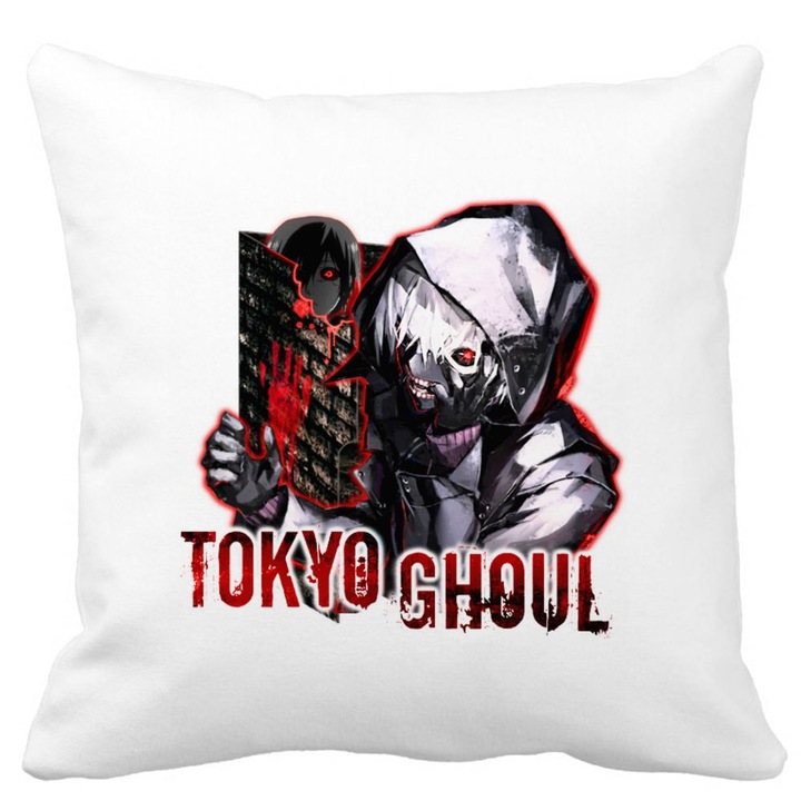 Perna Decorativa cu Tokyo Ghoul, 40x40 cm, Alba, Mata, Husa Detasabila, Burduf