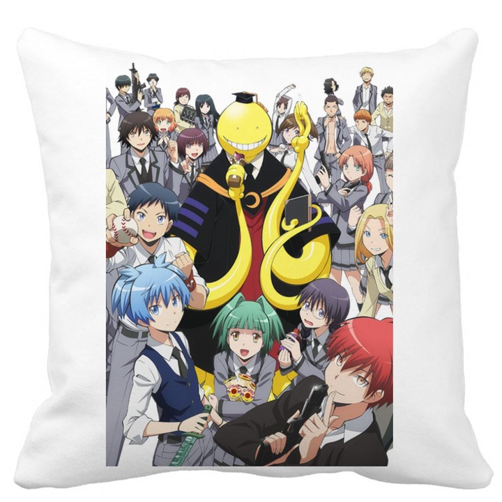 Perna Decorativa cu Assasination Classroom, 40x40 cm, Alba, Mata, Husa Detasabila, Burduf