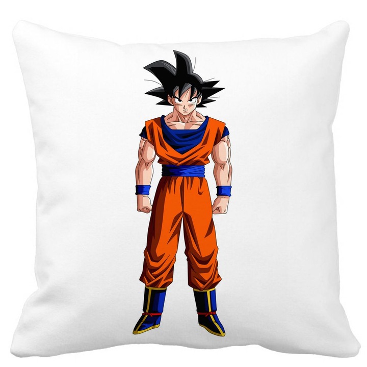 Perna Decorativa cu Dragonball Goku, 40x40 cm, Alba, Mata, Husa Detasabila, Burduf