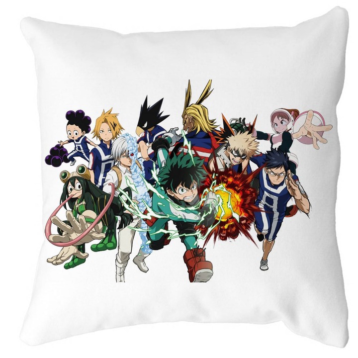 Dekoratív párna My Hero Academia karakterekkel, 40x40 cm, fehér, matt, levehető huzat, fújtató