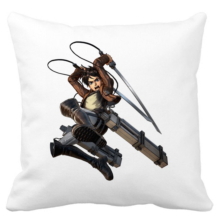 Perna Decorativa cu Attack on Titan Eren Yeager, 40x40 cm, Alba, Mata, Husa Detasabila, Burduf
