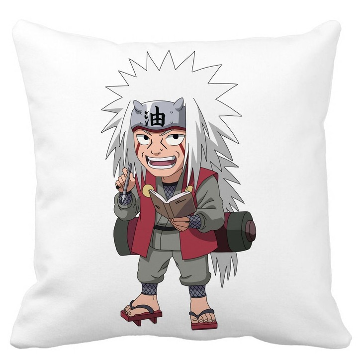 Dekoratív párna Naruto Jiraiyával, 40x40 cm, fehér, matt, levehető huzat, fújtató