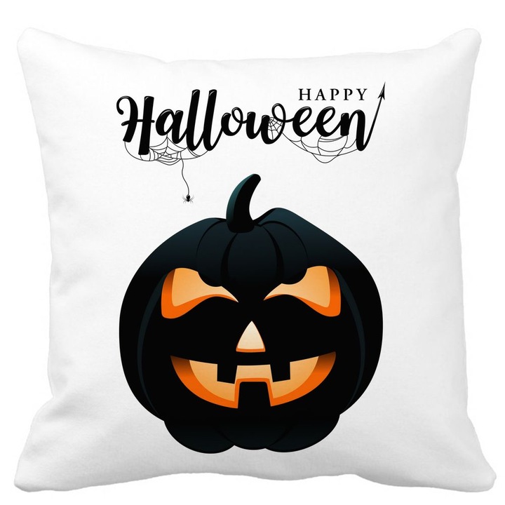 Dekoratív párna Halloween tök motívummal és szöveggel, 40x40 cm, fehér, matt, levehető huzat, fújtató