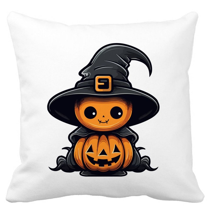 Perna Decorativa cu motiv de Halloween 1, 40x40 cm, Alba, Mata, Husa Detasabila, Burduf