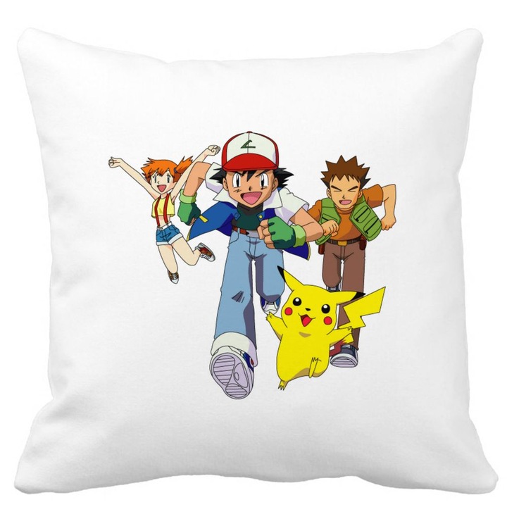 Perna Decorativa cu Pokemon Pikachu, 40x40 cm, Alba, Mata, Husa Detasabila, Burduf