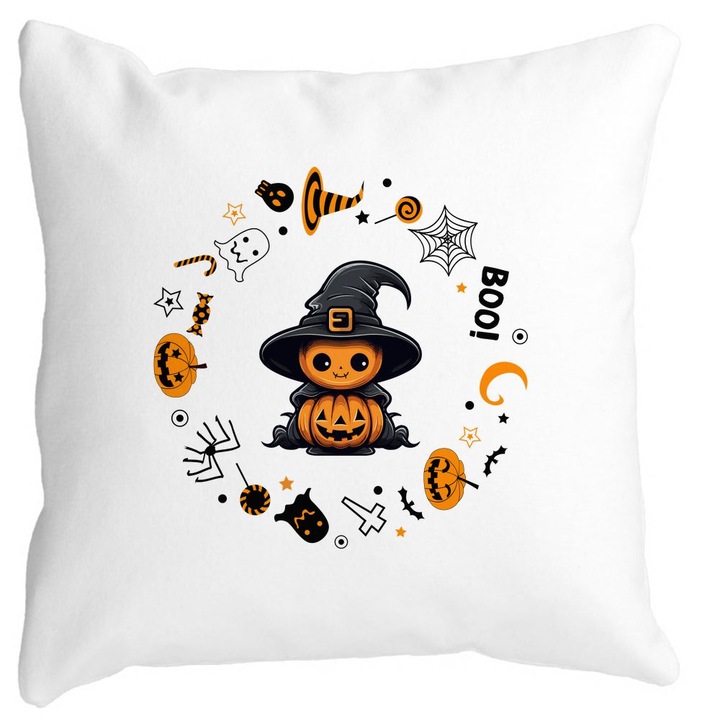 Halloween motívumú díszpárna 7, 40x40 cm, Fehér, Matt, Levehető huzat, Fújtató