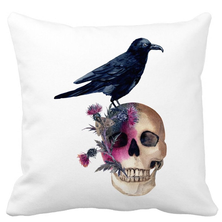 Dekoratív párna Halloween koponya és varjú motívummal, 40x40 cm, fehér, matt, levehető huzat, fújtató