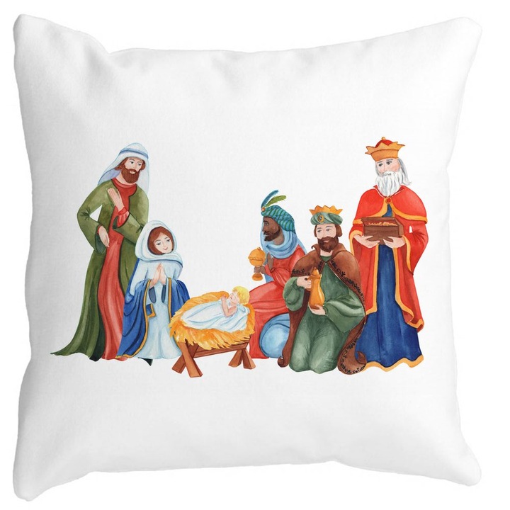 Perna Decorativa cu tematica de Craciun, Isus - Darul lui Dumnezeu, 40x40 cm, Alba, Mata, Husa Detasabila, Burduf