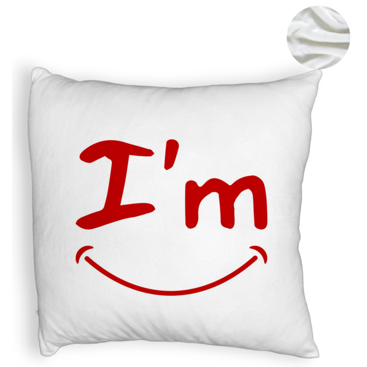 Bolyhos díszpárna, Modell I'm Happy, 40x40 cm, Fehér, Levehető huzat, Fújtató