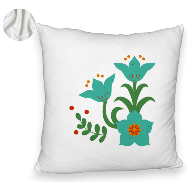 Bolyhos díszpárna, zöld virágmintás, 40x40 cm, fehér, levehető huzat, fújtató
