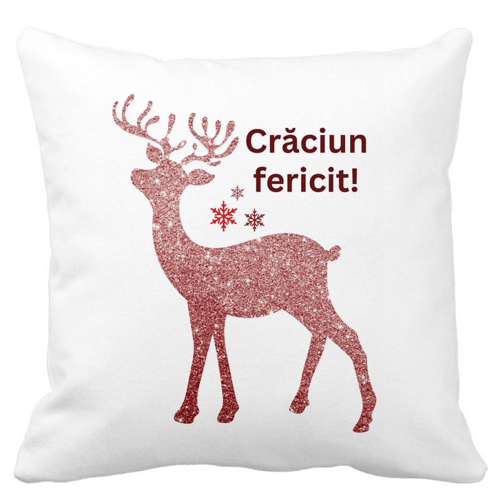 Karácsonyi témájú díszpárna, Rénszarvas és szöveg 5, 40x40 cm, Fehér, Matt, Levehető huzat, Fújtató