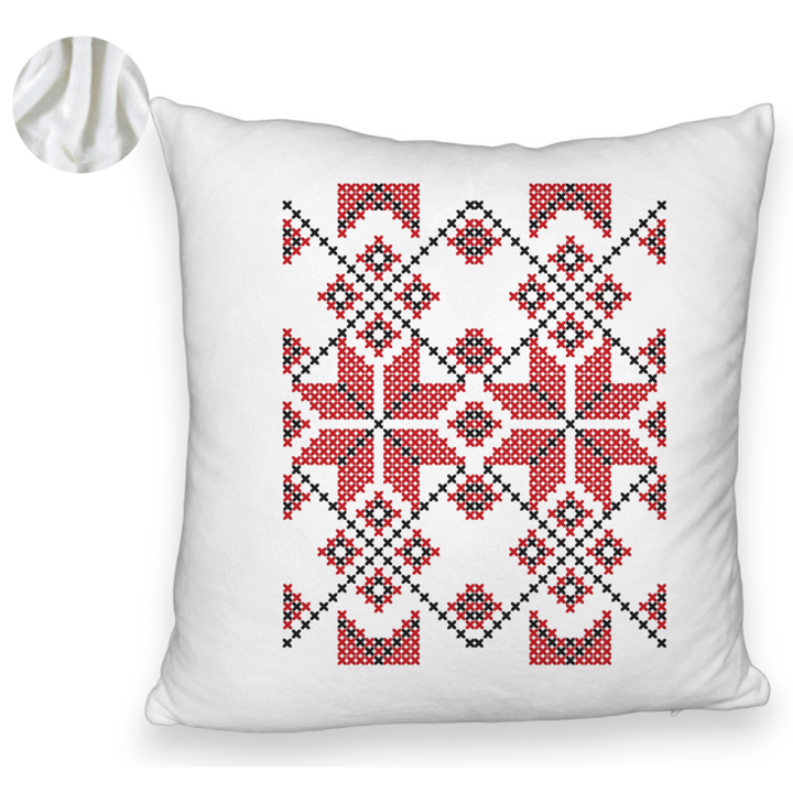 Perna Decorativa Fluffy, Model cu Motive Romanesti, 40x40 cm, Alba, Husa Detasabila, Burduf