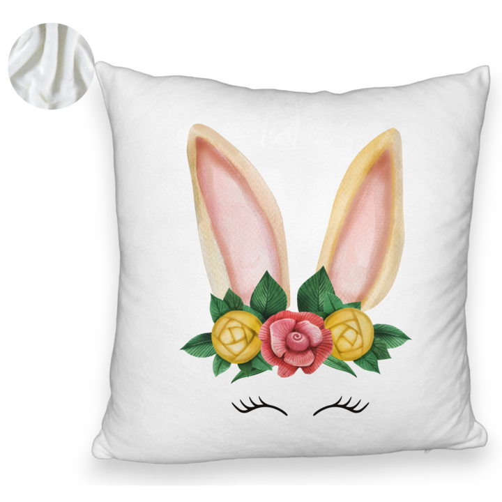 Bolyhos díszpárna, virágos nyúl mintás, 40x40 cm, fehér, levehető huzat, fújtató