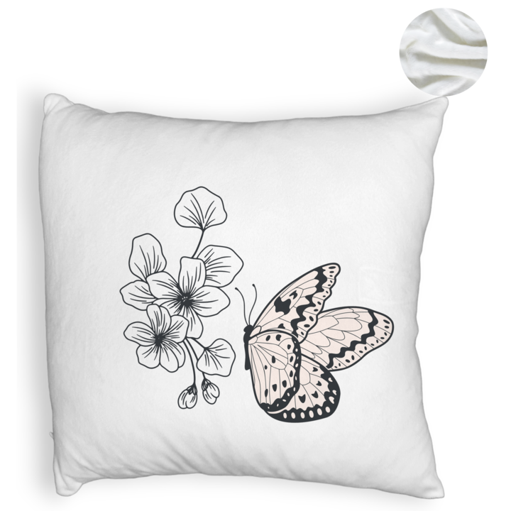 Bolyhos díszpárna, pillangó és virágmintás, 40x40 cm, fehér, levehető huzat, fújtató