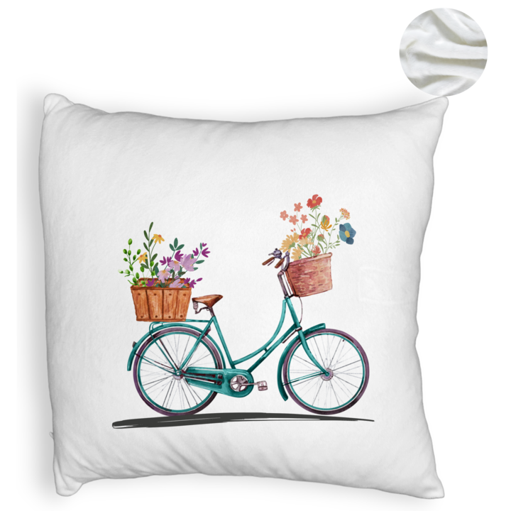 Пухкава декоративна възглавница, модел на велосипед с цветя, 40x40 см, бяла, подвижна калъфка, маншон