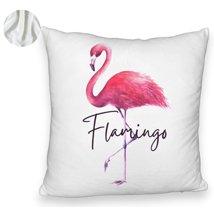 Bolyhos díszpárna, flamingó modell, 40x40 cm, fehér, levehető huzat, fújtató