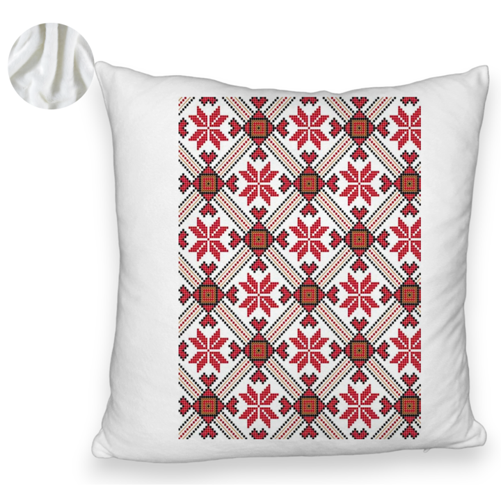 Bolyhos díszpárna, román népi motívumokkal 2, 40x40 cm, Fehér, Levehető huzat, Bellows