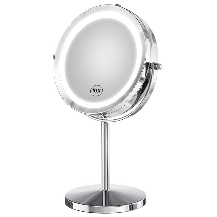 Огледало с LED осветление, двустранно, въртене на 360 градуса, увеличение 1X/10X, безжично, 7 инча