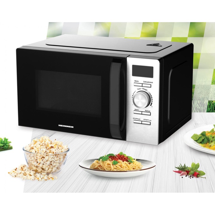 Cuptor cu microunde Heinner HMW-D2060BK, 20 l, 700 W, Control digital, Display LED, Timer, Blocare acces copii, Negru/Inox