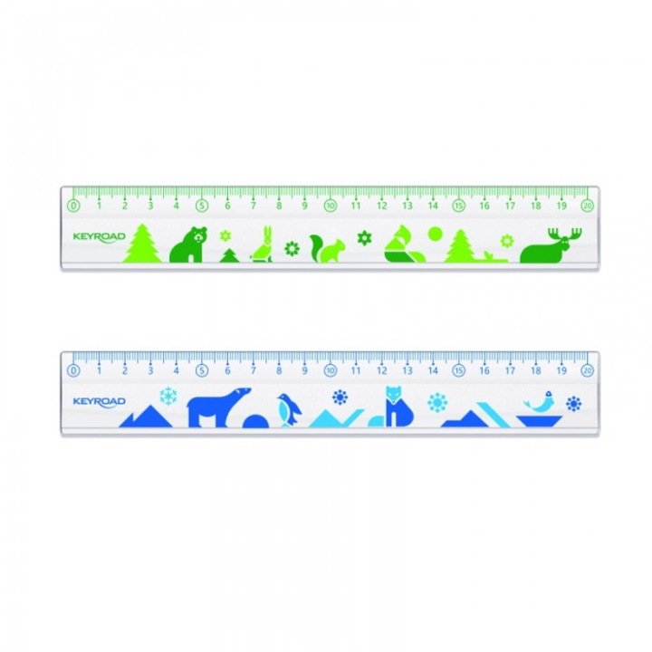 Rigla plastic KEYROAD 20 cm, transparenta, cu imprimeu deco, pandantiv mix, 1 buc.