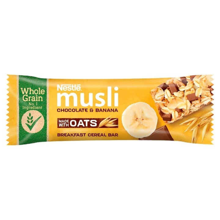 Baton de cereale, Nestle, Muesli, Cu ciocolata cu lapte si banane, 35 g