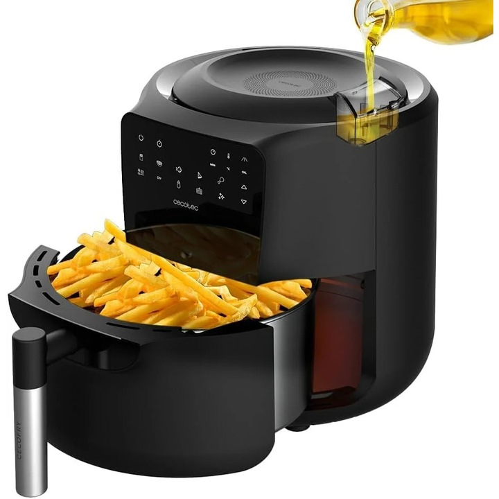 Фритюрник с горещ въздух Cecotec Cecofry Rain 03300, Готвене без олио,1550W, 5.5 л, Сензорно управление, 8 програми, Черен
