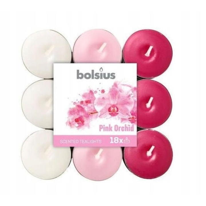 Комплект от 18 свещи, орхидея Bolsius, бяло/розово