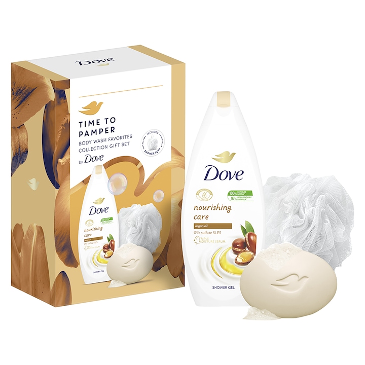 Подаръчен комплект Dove: Душ гел Dove Nourishing Care 250 мл + Сапун Dove Shea Butter 90 гр + Гъба за баня