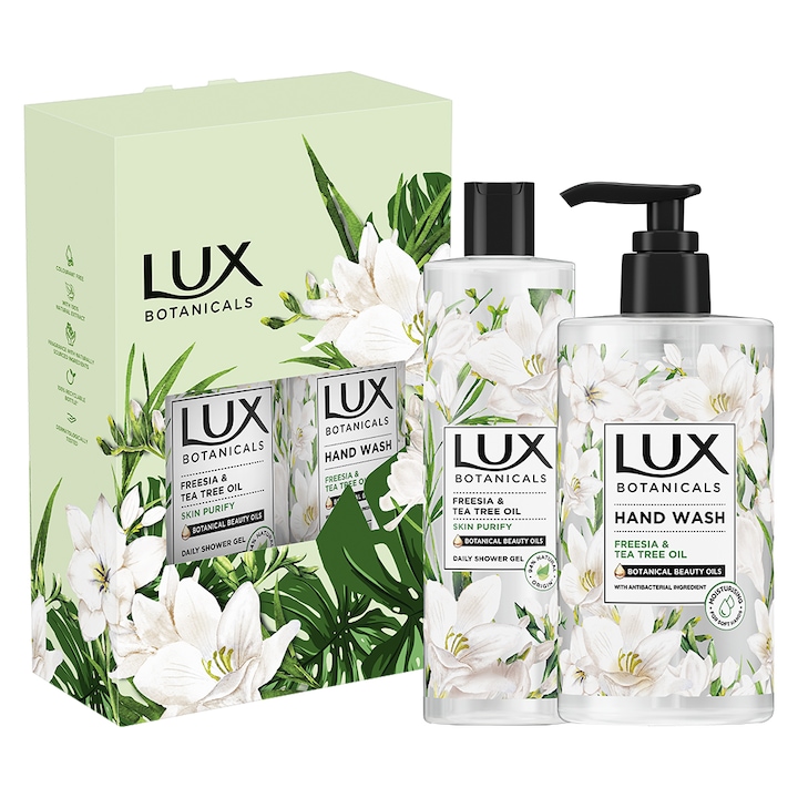 Подаръчен комплект LUX botanicals: Душ гел LUX Фрезия и масло от чаено дърво, 500 мл + Течен сапун LUX Фрезия и масло от чаено дърво, 400 мл