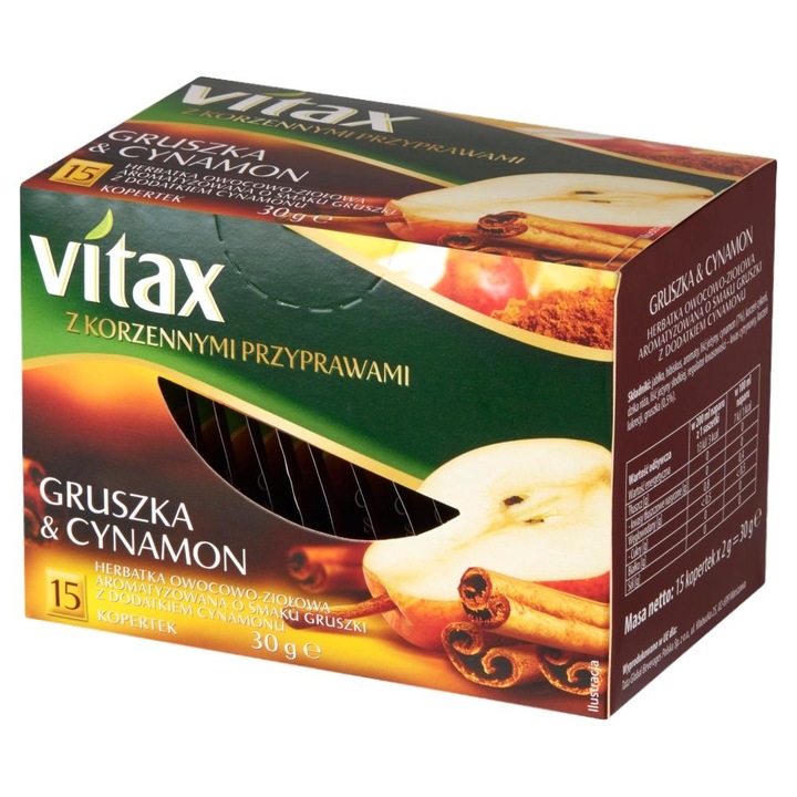 Ceai cu aroma de pere si scortisoara, Vitax, 15 pliculete, 30 g
