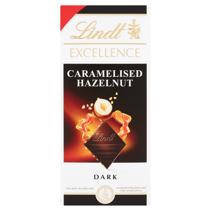 Ciocolata neagra, Lindt, Cu alune caramelizate si bucati de caramel, 100 g