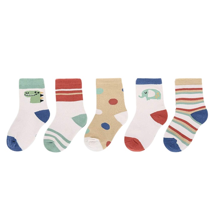 Детски пенирани памучни чорапи, размер 27-29, 4-6 години, идеални за студения сезон, бели с бежово, райе, 5 чифта