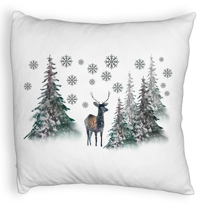 Karácsonyi bolyhos díszpárna, fenyő és szarvas táj, 40x40 cm, fehér, levehető huzat, fújtató