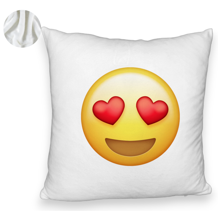 Bolyhos díszpárna, Lány Emoji modell szívvel, 40x40 cm, Fehér, Levehető huzat, Fújtató