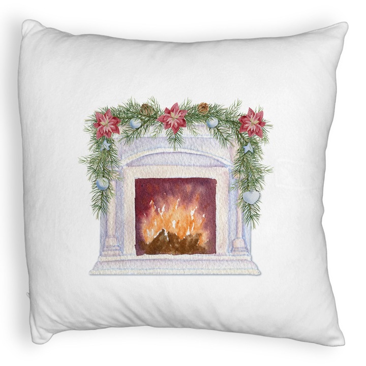 Karácsonyi hangulatú bolyhos díszpárna, kandalló, 40x40 cm, fehér, levehető huzat, fújtató