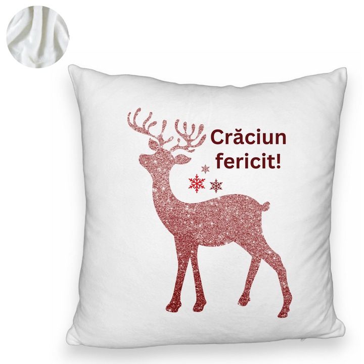 Bolyhos díszpárna karácsonyi témával, rénszarvas és szöveg 5, 40x40 cm, fehér, levehető huzat, fújtató