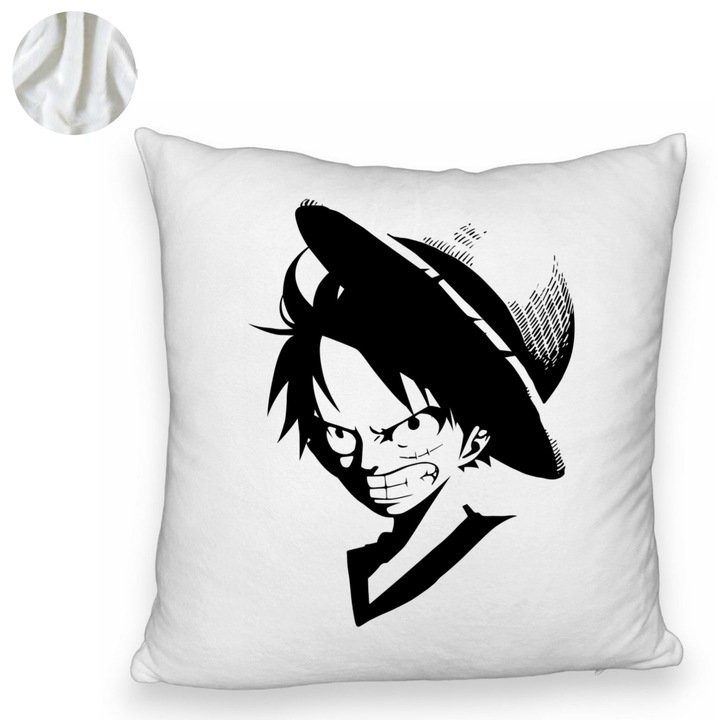 Bolyhos dekorpárna egy darabból Luffy fekete, 40x40 cm, fehér, levehető huzat, fújtató