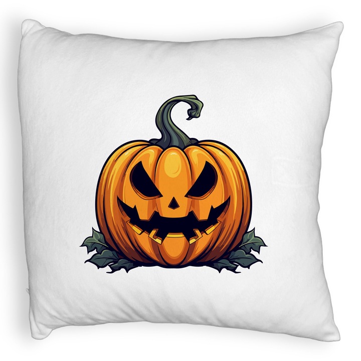 Perna Decorativa Fluffy cu motiv Dovleac de Halloween 1, 40x40 cm, Alba, Husa Detasabila, Burduf