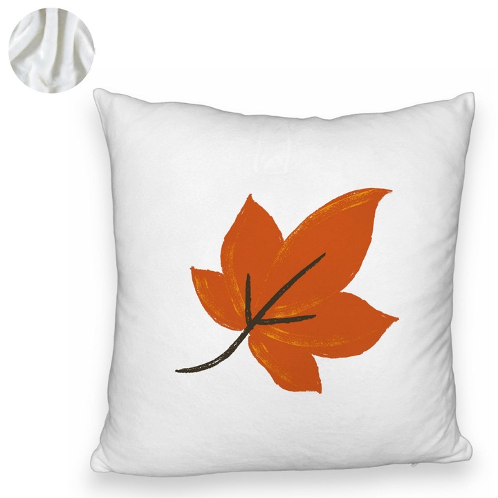 Bolyhos őszi leveles díszpárna, 40x40 cm, fehér, levehető huzat, fújtató
