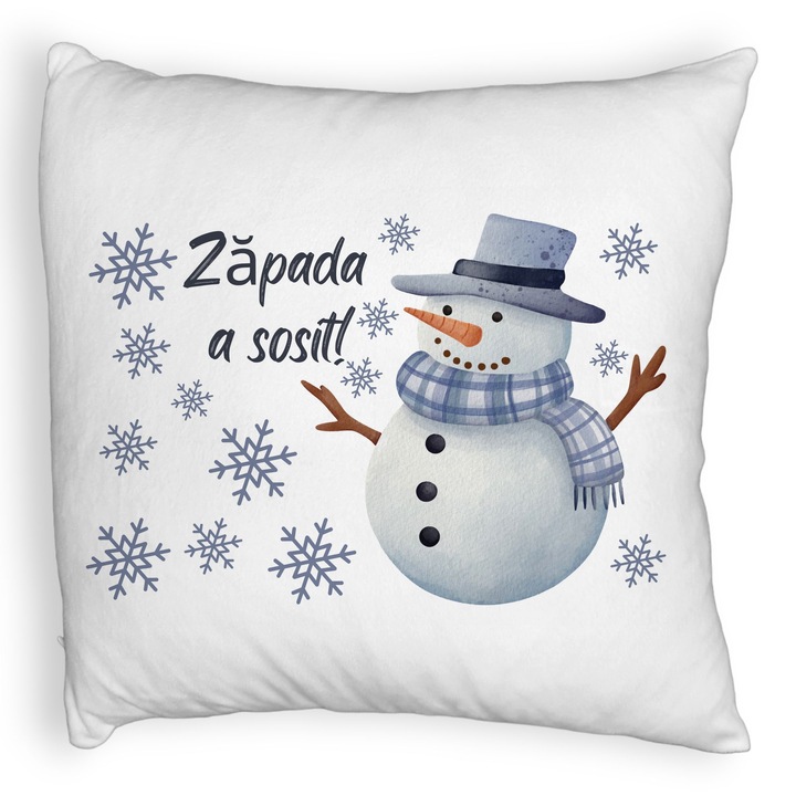 Karácsonyi Bolyhos Dekoratív Párna Hóember és szöveg 2, 40x40 cm, Fehér, Levehető huzat, Fújtató