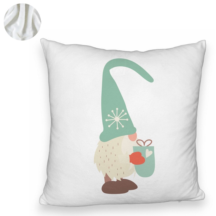 Karácsonyi hangulatú bolyhos díszpárna, Gnome 4, 40x40 cm, fehér, levehető huzat, fújtató