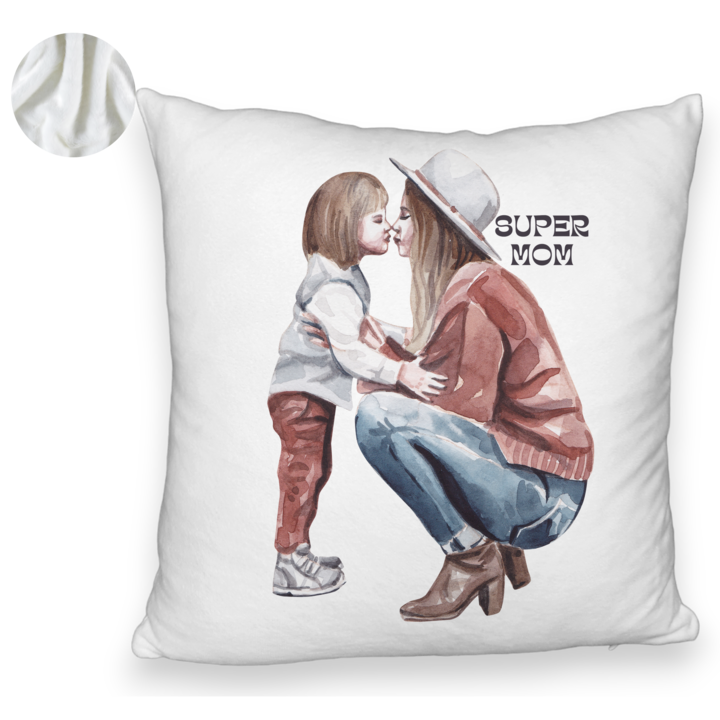 Bolyhos díszpárna, Super Mom Girl Modell, 40x40 cm, Fehér, Levehető huzat, Bellows
