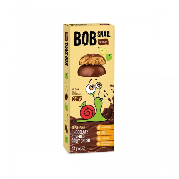 Gustare cu mere-pere in ciocolata belgiana cu lapte, Bob Snail, fara adaos de zahar, fara gluten 30 g