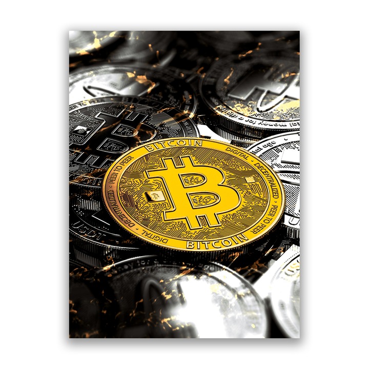 Първокласна картина на платно, LuxCanva® A1033, биткойн, 110 X 150 CM, 100% памучно платно 400g/m2, дървено шаси, декоративно, криптовалута, BTC, виртуална валута, мотивация, Vibrant Colors