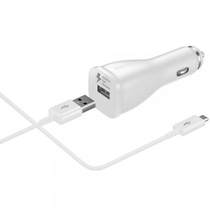Samsung autós töltő, 1xUSB és Micro USB adatkábel, fehér