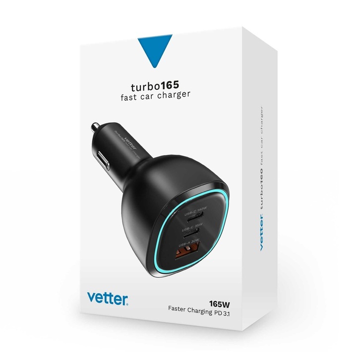 Autós töltő Vetter turbo 165 szupergyors töltő 1XUSB / 2XUSB-C 165W